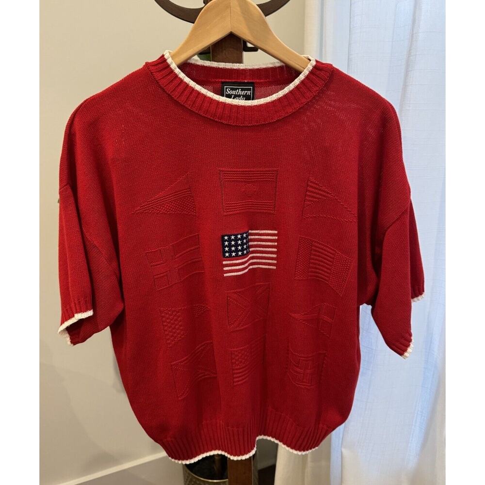 Vintage Southern Lady Short Sleeve Sweater, Red, Embroidered American Flag